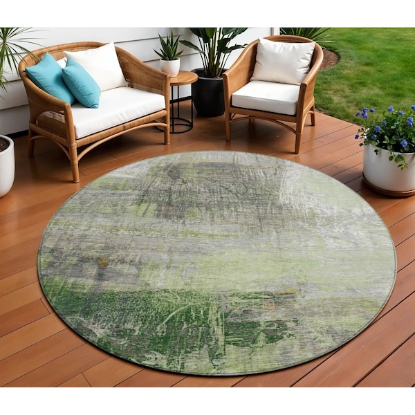 Homeroots 8' Artichoke Green And Ivory Round Abstract Washable Indoor Outdoor Area Rug 632019 - main