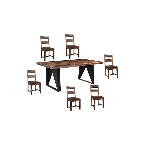 Homeroots Seven Piece Dark Brown and Black Solid Wood Live Edge Dining Set with Six Chairs 590254 - main