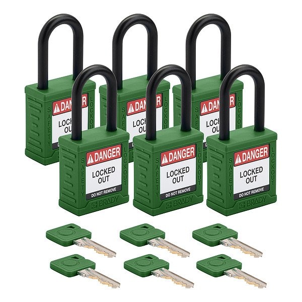 Brady Padlock, Keyed Different, Nylon, Green, 1 1/2 in Shackle Height, 1 1/2 in Body Width, 6 No. of Keys SDPL-GRN-38PL-KD6 - main