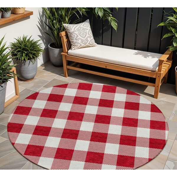 Homeroots 8' Red And Ivory Round Plaid Washable Indoor Outdoor Area Rug 595429 - main