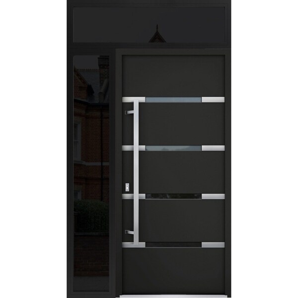 Vdomdoors Steel Door Deux 1105 Black Enamel Sidelight and Transom Window Sidelite Stainless Inserts Entry Doo DEUX1105EXD-BLK-W36+12xH80+16-RH-O - main