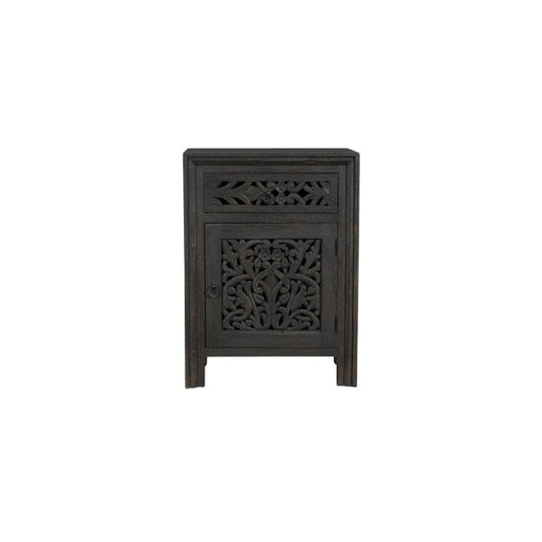 Homeroots 30" Black Solid Wood Distressed Carved Floral One Drawer Nightstand 569583 - main