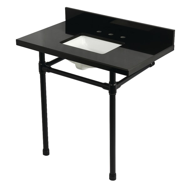 Kingston Brass 36" Black Granite Console Sink with Stainless Steel Legs, 8-Inch, 3-Hole, Black Granite/Matte Black KVPK36K8SQ0ST - main