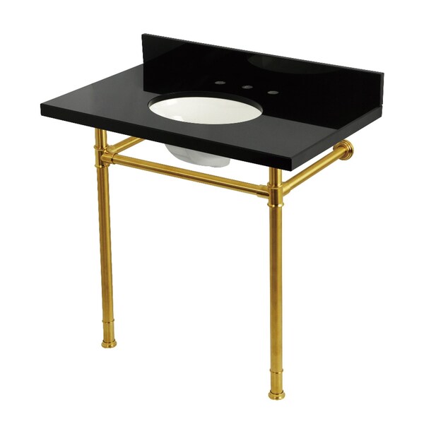 Kingston Brass 36-Inch Black Granite Console Sink with Stainless Steel Legs, 8-Inch, 3-Hole KVPK36228K387 - main