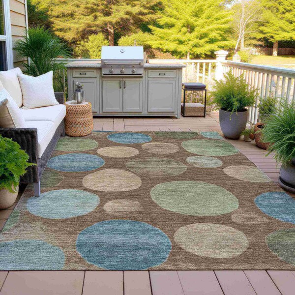 Homeroots 3' X 5' Chocolate Fern Green And Teal Blue Geometric Washable Indoor Outdoor Area Rug 630567 - main
