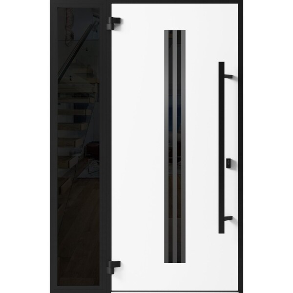 Vdomdoors Front Exterior Prehung Steel Door Ronex1055 Teak Sidelight Exterior Window Sidelite Entry Metal RONEX1055EXD-OAK-W36+12 x H80-RH-I - main
