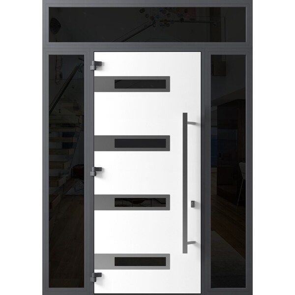 Vdomdoors Front Exterior Prehung Steel Door Ronex0131 Black Enamel 96 2 Sidelight and Transom Window Sidelite RONEX0131EXD-BLK-W14+36+14xH96+16-RH-I - main