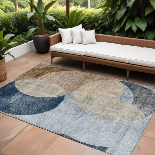 Homeroots 8' X 10' Sky Blue Brown And Beige Geometric Washable Indoor Outdoor Area Rug 604950 - main