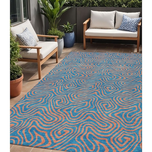 Homeroots 5' X 8' Teal Blue And Pink Abstract Washable Indoor Outdoor Area Rug 599839 - main