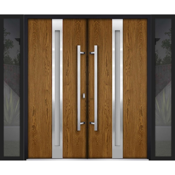 Vdomdoors Metal Double Doors Deux 1744 Natural Oak Frosted Glass 2 Sidelights Entry Modern Painted 100x80 (W1 DEUX1744DEXD-OAKB-W14+72+14xH80-LH-O - main