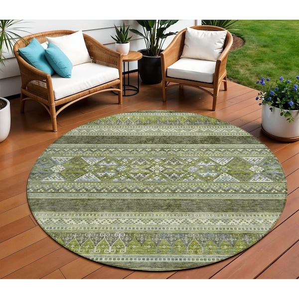 Homeroots 8' Olive Green And Artichoke Green Round Southwestern Washable Indoor Outdoor Area Rug 582838 - main