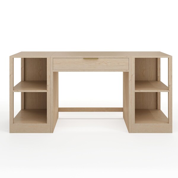 Martha Stewart Kayden Single-Drawer Desk w/Dual 2 Tier Shelves in Light Natural w/Brushed Gold Hardware KHO-23042-TBSF2-LNT-GLD-MS - main