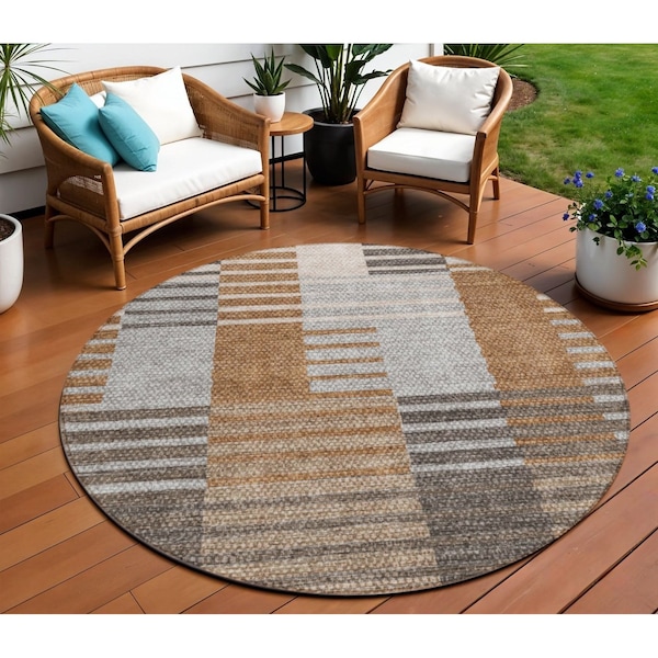 Homeroots 8' Chocolate And Gray Round Striped Washable Indoor Outdoor Area Rug 581703 - main