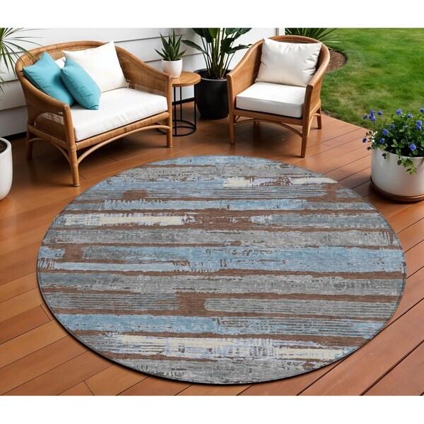 Homeroots 8' Chocolate Blue And Beige Round Striped Washable Indoor Outdoor Area Rug 616648 - main