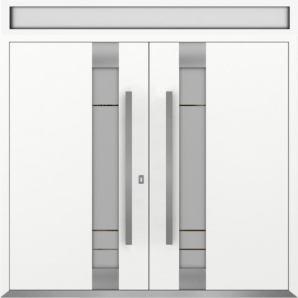 Vdomdoors Metal Double Doors Deux 1713 White Enamel Frosted Glass Top Transom Entry Modern Painted (W72xH80+1 DEUX1713DEXD-BEM-W72xH80+16-LH-O - main