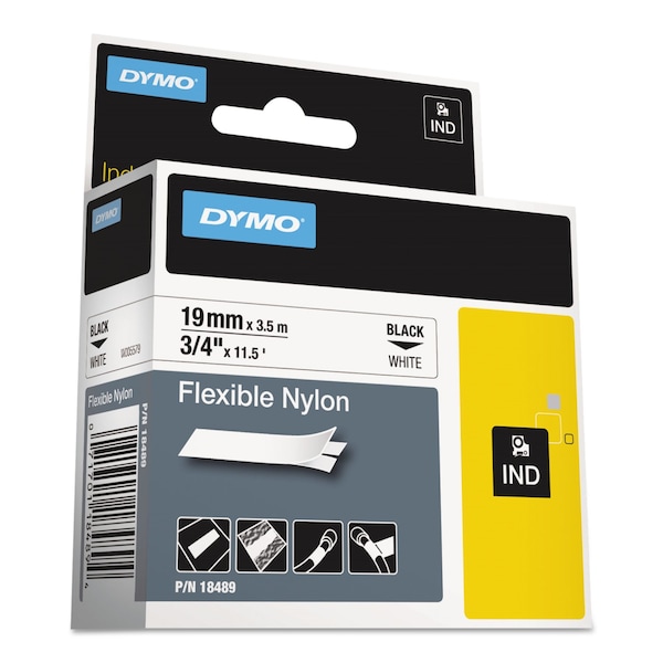 Dymo Rhino Flexible Nylon Industrial Label Tape, 0.75 in. x 11.5 ft, White/Black Print 18489 - main