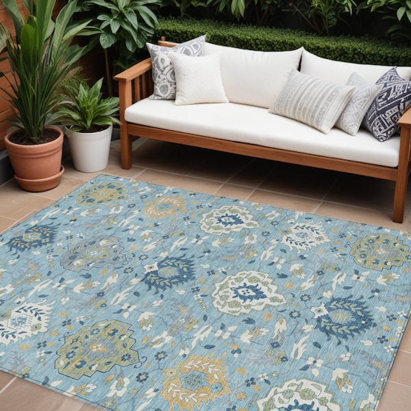 Homeroots 8' X 10' Sky Blue Ivory And Gold Damask Washable Indoor Outdoor Area Rug 599451 - main
