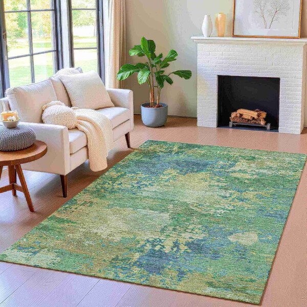 Homeroots 9' X 12' Teal Blue Beige And Denim Blue Abstract Washable Indoor Outdoor Area Rug 630751 - main