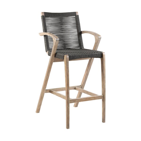 Armen Living Brielle Outdoor Light Eucalyptus Wood and Charcoal Rope Bar Height Stool LCBLBACH30 - main