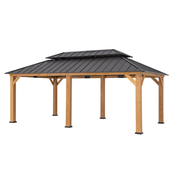 Sunjoy 12ftx20ft Wood Gazebo, Outdoor Patio Steel Hardtop Gazebo, Cedar Framed Wooden Gazebo, Dark Brown A1020326F0 - main
