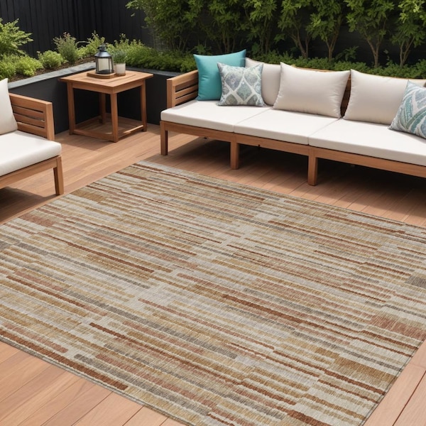 Homeroots 9' X 12' Terra Cotta And Beige Striped Washable Indoor Outdoor Area Rug 631579 - main