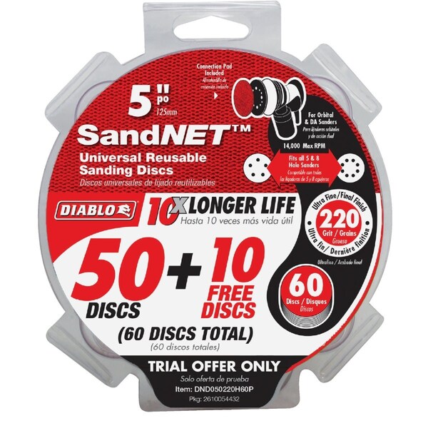 Diablo SandNet 5'' 220 Grit Reusable Sanding Disc with Connection Pad, 50PK DND050220H60P - main