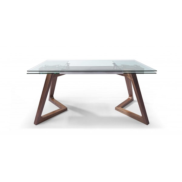 Homeroots 63" Clear and Brown Glass and Solid Wood Self-Storing Leaf Dining Table 320777 - main