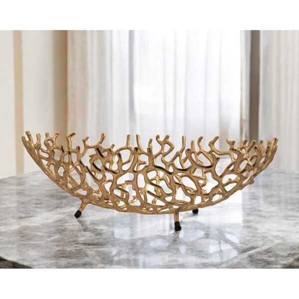 Homeroots 22" Gold Aluminum Oval Faux Coral Centerpiece Bowl 568880 - main