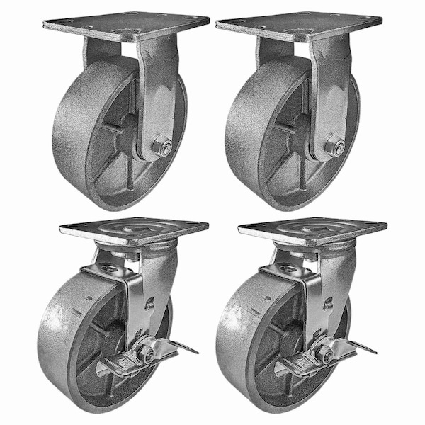 Hyw Products Heavy Duty Caster Set 6in Steel Wheels, 2 Rigid & 2 Swivel with Brake, 4PK 40-60R-A1-SS-2,40-60S-A1-SS-TB-2 - main