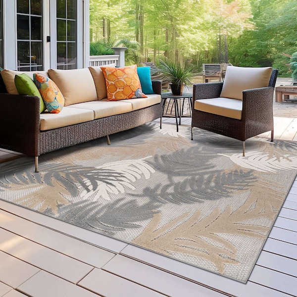 World Rug Gallery Vicenza Tropical Floral Indoor/Outdoor Area Rug 6 ft 6 in x 6 ft 6 in Square Beige 8011BEIGE6SQ - main