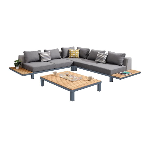 Armen Living Polo Aluminum and Teak Wood Outdoor Coffee Table in Gray SETODPO4SEBOX4 - main