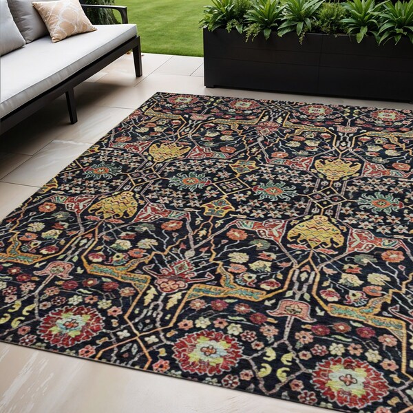 Homeroots 5' X 8' Black Red And Gold Floral Washable Indoor Outdoor Area Rug 604636 - main