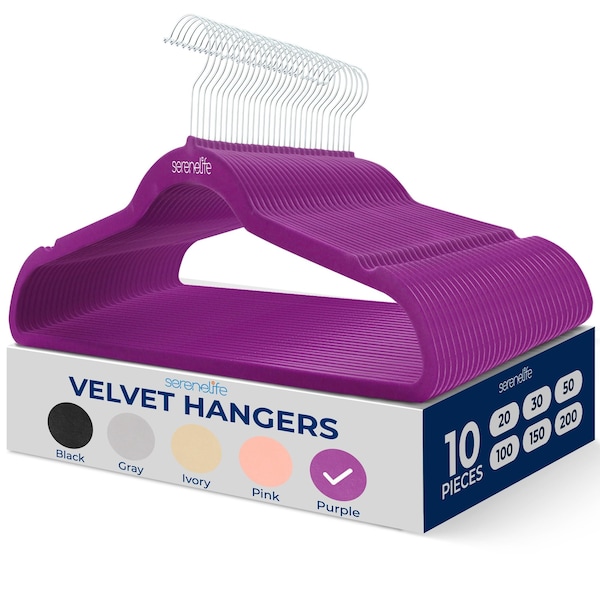 Serenelife Velvet Hangers, Non-Slip, 360 Deg Swivel Hook, Ultra-Thin, Lightweight Velvet Hangers, Purple, 10PK SLHVELPURP10 - main