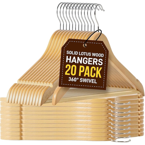 Lifemaster Wooden Hanger Set, Non-Slip, Space-Saving, Swivel Hook, Natural Wood, 20PK LMHNWD20 - main