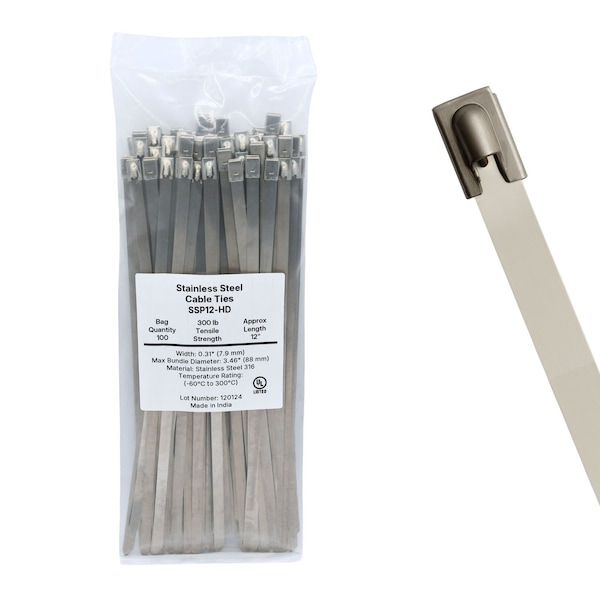 Cable Ties Unlimited Cable Tie, 12 in L, 300 lb Strength, 3.3 in Max Bundle Dia, 316 Stainless Steel, Silver, 100PK SSP12-HD - main