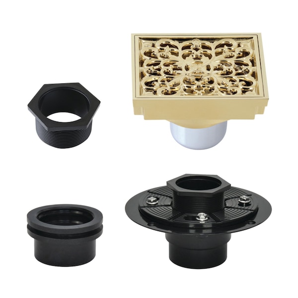Kingston Brass 4" Brass Square Grid Shower Drain with Hair Strainer and Base Flange, Polished Brass BSFK9771PB - main