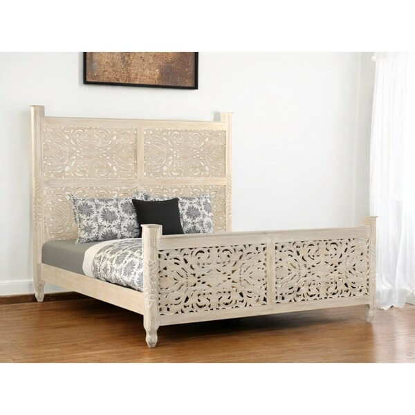 Homeroots White Carved Floral Distressed Solid Wood King Bed Frame 521081 - main