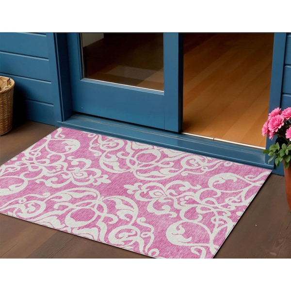 Homeroots 3' X 5' Blush And Ivory Damask Washable Indoor Outdoor Area Rug 614413 - main