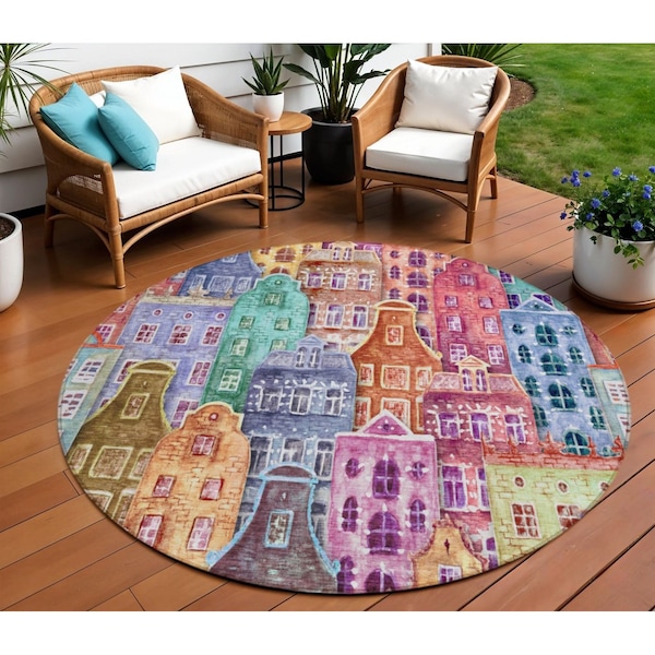 Homeroots 8' Red Gold And Teal Blue Round Village Houses Washable Indoor Outdoor Area Rug 577879 - main