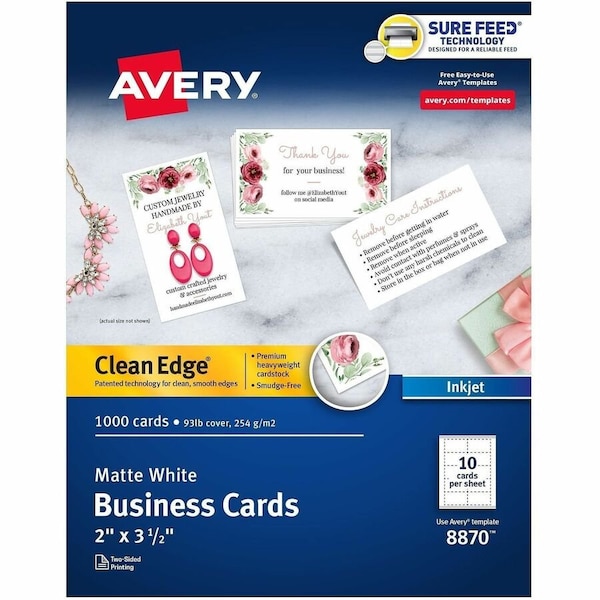 Avery Two-Side Printable Inkjet Business Card, 2" x 3-1/2", Matte, White, 1000 Cards/Pack 8870 - main
