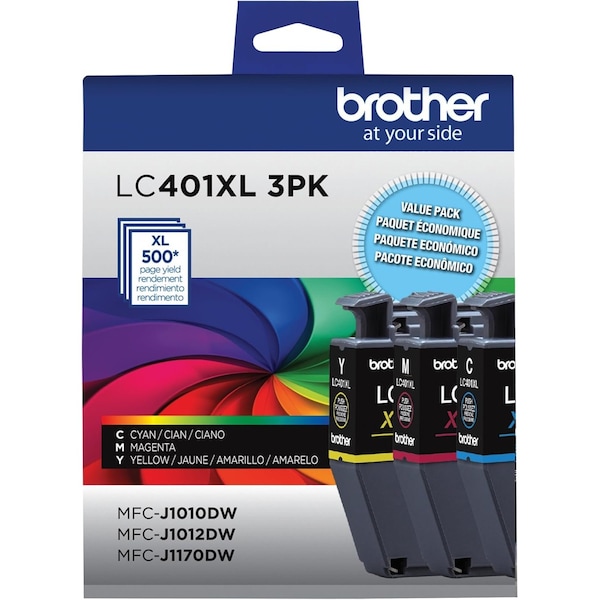 Brother High Yield Cyan, Magenta & Yellow Ink Cartridge, 3PK LC401XL3PKS - main