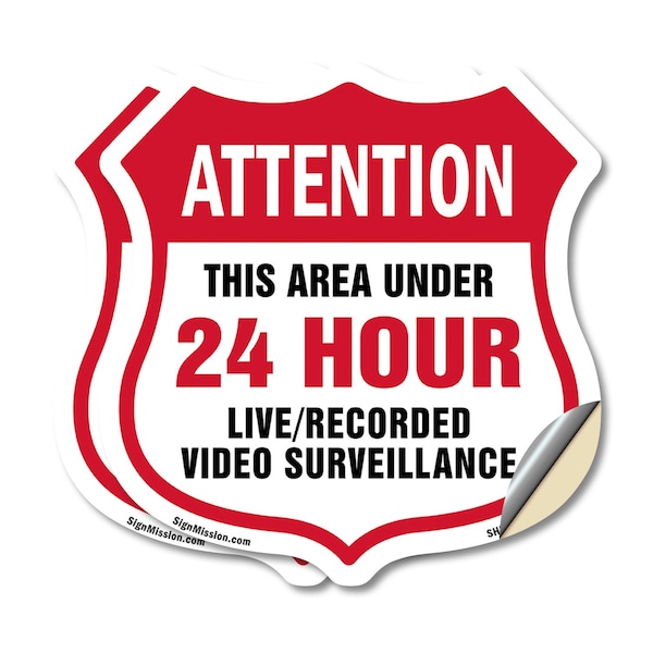 Signmission 24 Hour Surveillance Shield Sign Attenti, 18 inch X 18 inch, Vinyl Decal, 2PK SHI-D-2PACK-18-349 - main