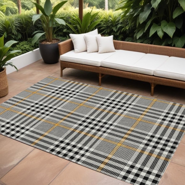 Homeroots 9' X 12' Black Gold And Ivory Plaid Washable Indoor Outdoor Area Rug 601456 - main
