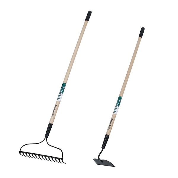 Union Tools Hoe and 14-Tine Bow Rake, Garden Prep Set, Steel Head, Wood Handle 10000-07599 - main
