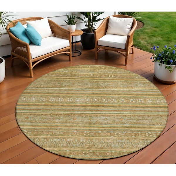 Homeroots 8' Artichoke Green Gold And Beige Round Southwestern Washable Indoor Outdoor Area Rug 615946 - main