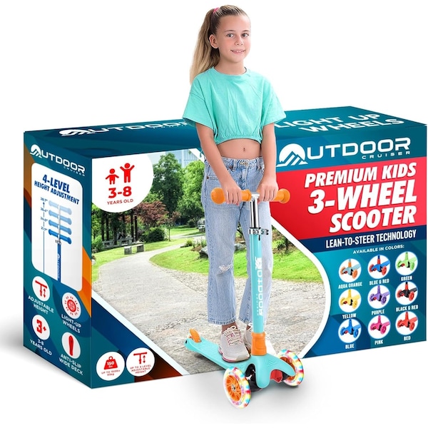 Outdoorcruiser Outdoor Cruiser 3-Wheel Kids Scooter, LED Lighted Wheels, Adjustable T-Bar, Ages 3-8, Aqua/Orange OCKSA678 - main