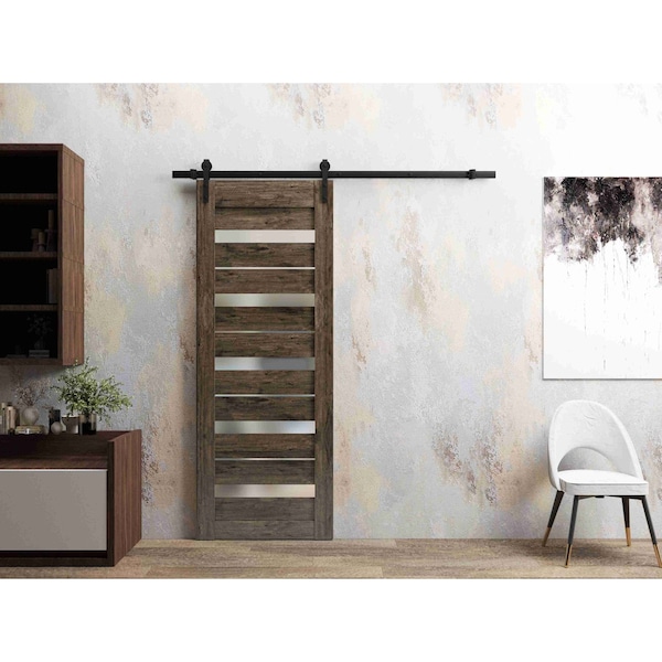 Sartodoors Sturdy Barn Door 30 x 80in, Cognac Oak W/ Frosted Glass, 6.6FT Rail Hangers Heavy Hardware Set QUADRO4445BD-B-AKA-30 - main
