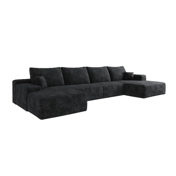 Homeroots 107" Black Corduroy Modular Compression Foam Sofa With Ottoman And Toss Pillows 712953 - main