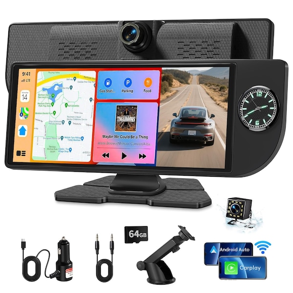 Wrightmaster 10.26 in. HD Touch Screen Car Stereo, with CarPlay, Android Auto, Black Built-in Clock, Dual Cameras ZR-S-Dial-black - main