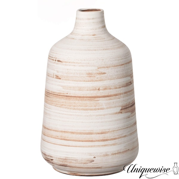 Uniquewise 11in Whitewashed Boho Bottle-neck Decorative Pottery Flower Vase for Faux Florals and Home Decor QI004794 - main
